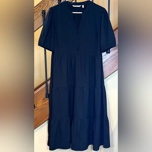 Soft Surroundings Claudia Midi Tiered Dress Short Sleeve  V Neck Black/SZ. LG